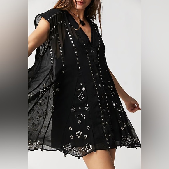 Free People Dresses & Skirts - Free People Bohemian Gypsy Witchy Beaded Aston Dress Black Large Sheer Bells